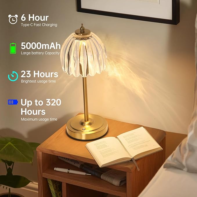 Tulip Table Lamp with 5000mAh Battery & Touch Control, Cordless Table Lamp with 3 Colors, Dimmable Rechargeable Table Lamps for Bedroom, Nightstand, Living Room, Entryways (Transparent Tulip)