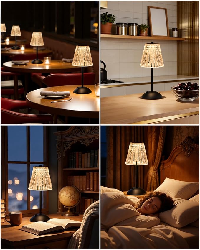 Rechargeable Cordless Table Lamp, Touch Control Crystal Desk Lamp with 3500mAh Battery, 3 Color Dimmable LED Small Lamp for Bedroom Bedside Restaurant Kitchen Home Decor, Black