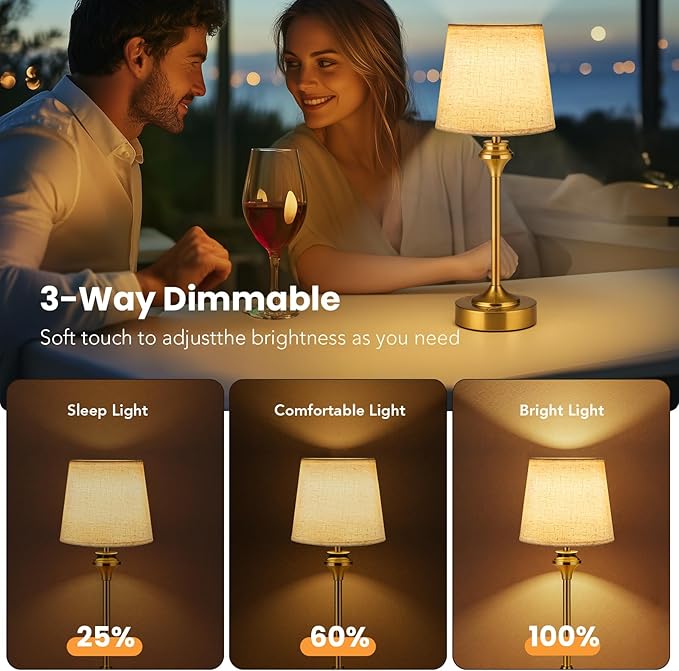 NIORSUN Portables Cordless Table Lamp Set of 2,Flaxen Fabric Shade Battery Operated Lamp, Bedside Table Lamp with Warm White,3 Way Dimmable Touch Desk Lamp for Bedroom Living Room Restaurant (Gold)