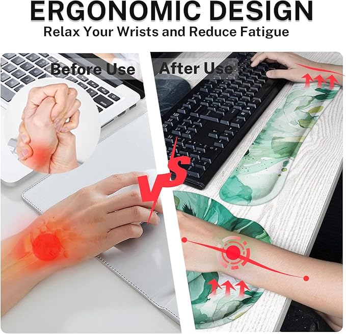 Britimes Colorful Floral Keyboard Mouse Pad Set Flower Green Summer 4in1 Large Mousepad+Keyboard Wrist Rest+Mouse Wrist Rest+Coaster Ergonomic Design for Home Office Computer 35.4x15.7 inches