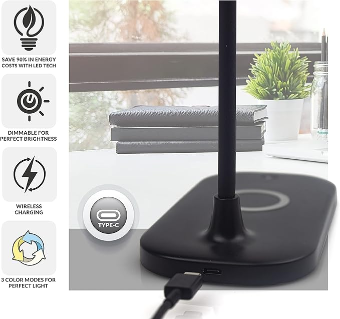 Newhouse Lighting Zlata Painted Black Plastic Tap or Touch Switch Dimmable and Adjustable Color Temperature Office Desk Lamp with 21 LEDs and USB Port, Wireless Charging