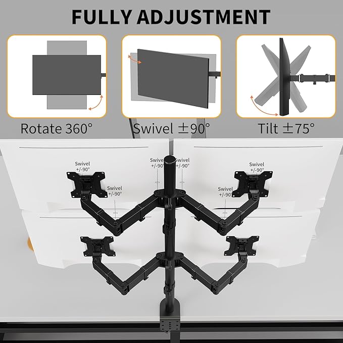 Quad Monitor Mount Heavy Duty Adjustable 4 Desk Monitor Stand for 13"-27" Screen, Computer Monitor Mount Holds Up to 22lbs with C Clamp/Grommet Base