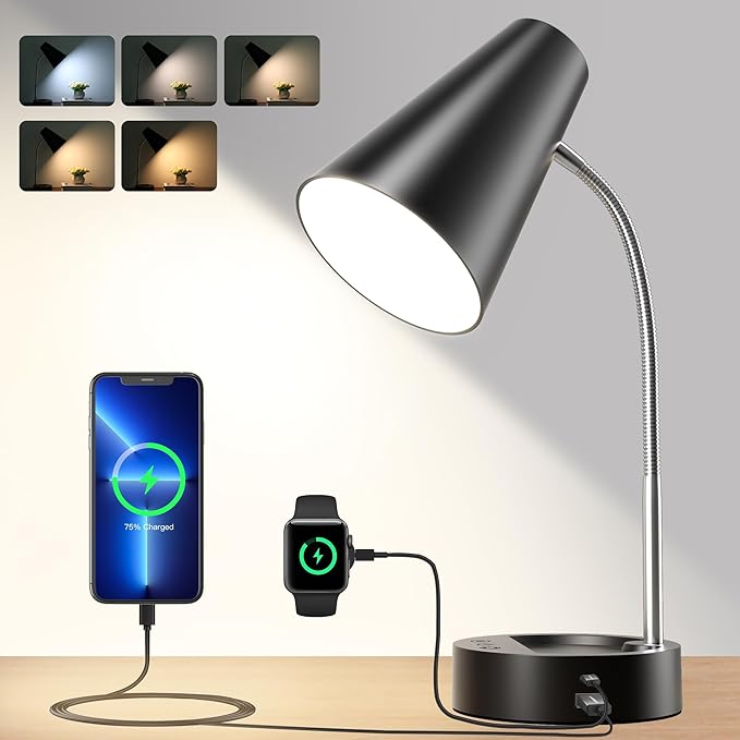 RUNTOP Desk Lamp, Black Desk Lamps for Home Office, LED Desk Light with USB Port and Type C Port, 5 Brightness Levels, 5 Color Temperatures, Flexible Gooseneck Desk Lamp, Table Lamp for Reading Study