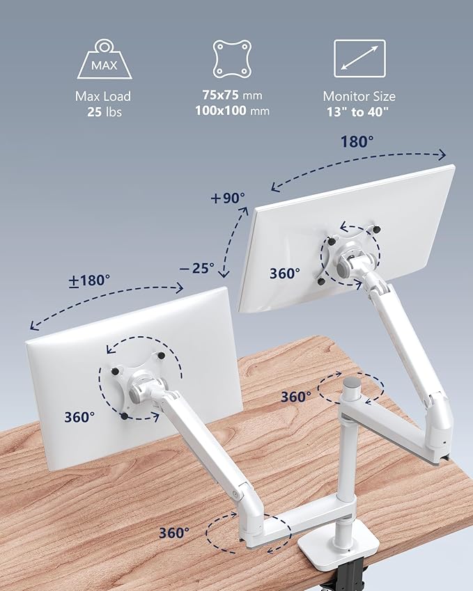 Premium Dual Monitor Stand for Desk, High-Grade Aluminum Stacked Monitor Arm with Heavy-Duty Mechanical Spring, Adjustable Vertical Double Monitor Mount for 13-40 inch Screens, White