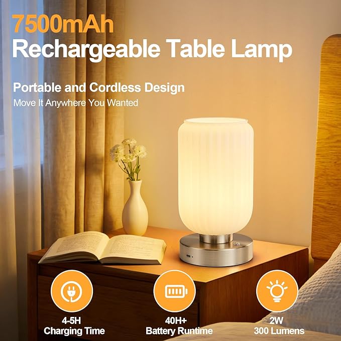 Cordless Table Lamp for Bedroom, 7500mAh Rechargeable Small Battery Lamp, Modern Touch Dimmable Wireless Lamp Brushed Nickel Base White Glass Shade for Living Room, Desk, Led Bulb Included