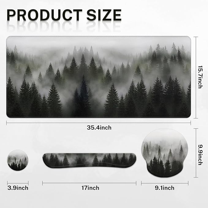 Arttown Misty Desk Mat Forest Mouse Pad Set 4 in 1 Tree Foggy Ergonomic Design Large Desk Pad + Keyboard Wrist Rest + Mouse Wrist Rest + Coaster Suitable for Home Office Study Game