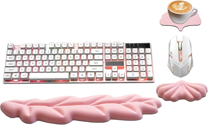 Ergonomic Keyboard Wrist Rest, Leaf Shape PU Leather Memory Foam Wrist Support for Computer Keyboard, Keyboard Pad and Cute Mouse Wrist Pad for Gaming,Office, Computer, Typing, Pastel Pink