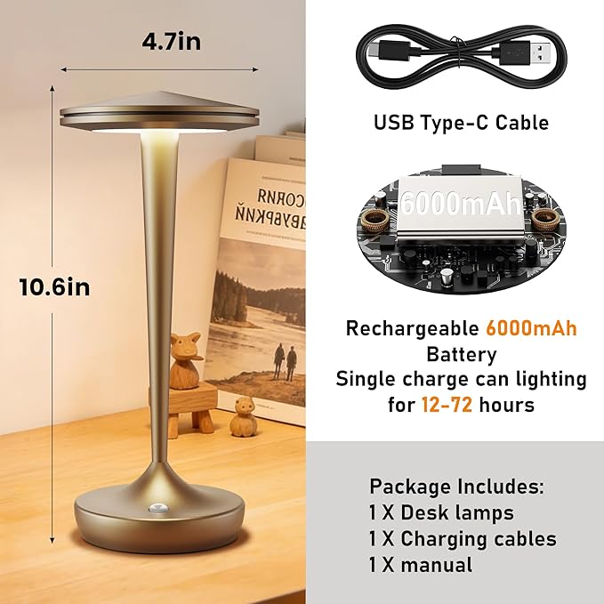 YHT YHTCordlessTable Lamps Rechargeable, 6000mAh Battery Portable LED Touch Led Table Lamp, 3-Color Stepless Dimming & Memory Function, for Outdoor, Dinning, Patio, Restaurant, Kitchen (Bronze)