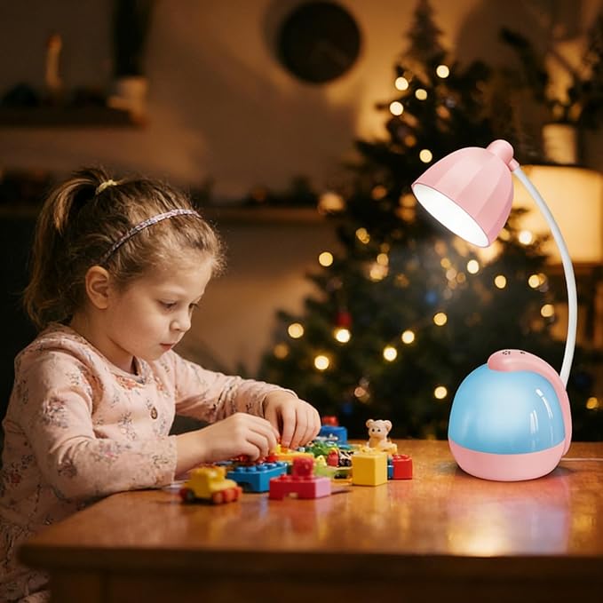 LED Desk Lamp with Night Light, 7 Color Changing Modes & USB Charging Port, Adjustable Gooseneck Bedside Table Lamp for Home Office Study, Gift for Women Students, Pink