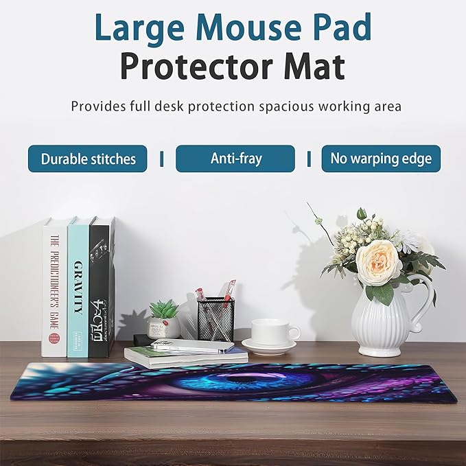 Desk Mat, Blue and Purple Fantasy Dragon Eye Extended Gaming Mouse Pad Large, 31.5"x15.7" Big Mouse Pad with Non-Slip Base and Stitched Edge, Long Computer Keyboard Mouse Mat for Home Office Work