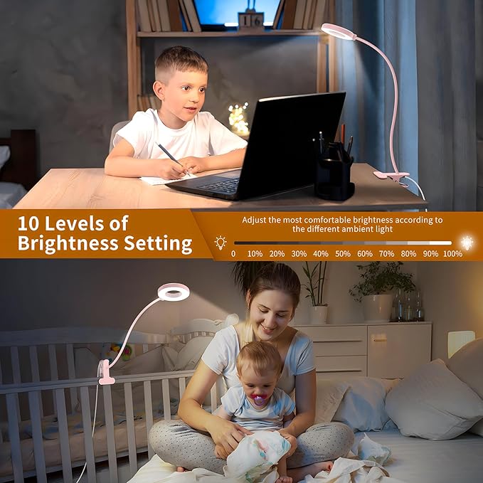 iZELL Desk Lamp, LED Reading Light with Clamp, 3 Color Modes & 10 Brightness Flexible Arm Book Light for Kids Reading Book in Bed at Night Clip on Table, Computer, Zoom Meetings - 27.6‘’ Pink