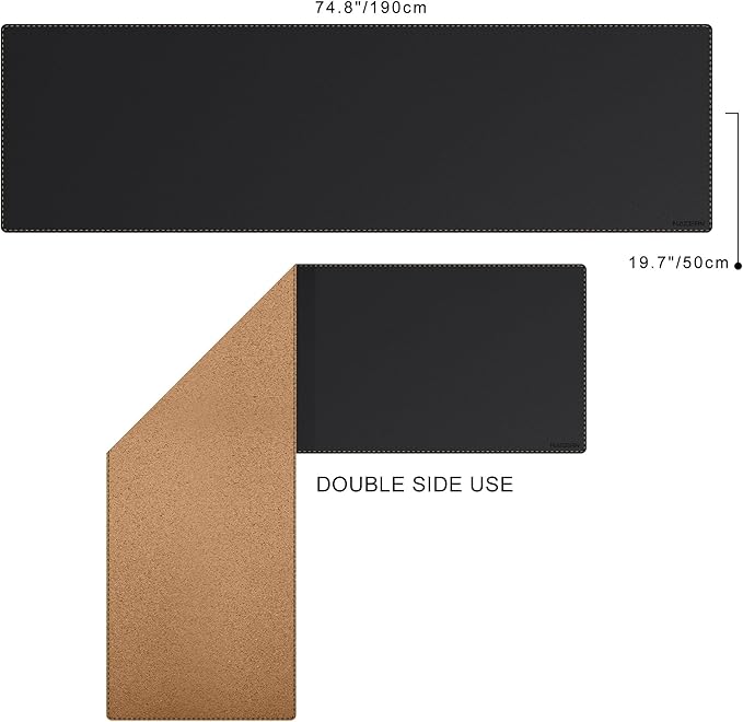 MAIDERN Leather Desk Mat, XXL 74.8” x 19.6” Reversible Large Desk Pad Mat, Cork & Leather Large Mouse pad for Desk, Waterproof Computer Desk Mat for Gaming Home Office (Black)