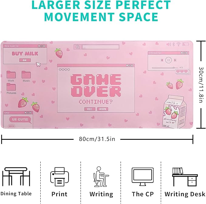 Pink Gaming Mouse Pad 31.5x11.8 Inch Pastel Game Over Large Mousepad Kawaii Office Decor for Women Non-Slip Rubber Base Stitched Edges Keyboard Mouse Mat Desk Pad for Office Home and Game