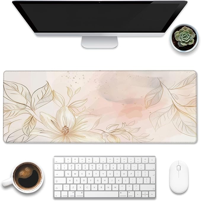 Desk Mat,Minimalist Flowers and Leaves Large Gaming Mouse Pad for Desk XL,Golden Line Floral Desk Pad,Extended Big Computer Keyboard Mouse Pad with Non-Slip Base Stitched Edges 31.5"x11.8"
