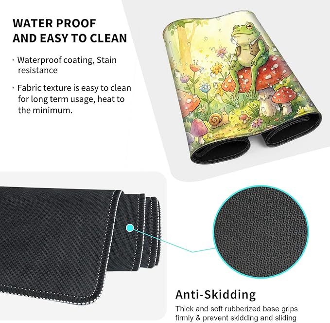 Large Gaming Mouse Pad + Memory Foam Ergonomic Keyboard Wrist Rest Support + Wrist Rest + Coaster, Green Desk Decor Mat, Stitched Edge Non Slip Desk Mat 4PC for Office & Home, Cute Frog Kawaii