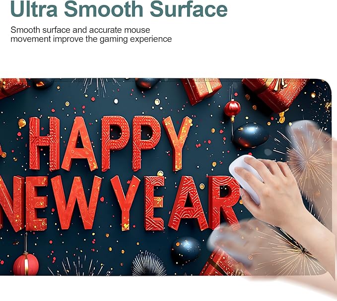 Happy New Year Extended Gaming Mouse Pad 31.5x11.8inches Large Desk Mat Anti-Slip Rubber Base & Durable Stitched Edges for Gamers Smooth Mouse Writing Surface for Desk Office/Home