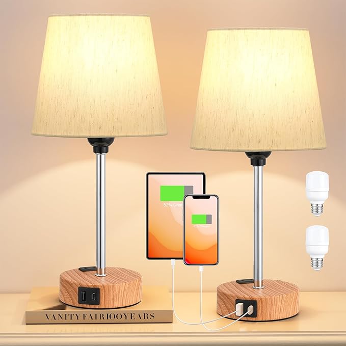 Acaxin Bedside Lamps for bedrooms Set of 2 - Nightstand Bedroom Lamp with USB C Port and AC Outlet Charging, 3 Way Dimmable Touch Control Small Bed Side Table Lamp, Nightstand Light for Kids