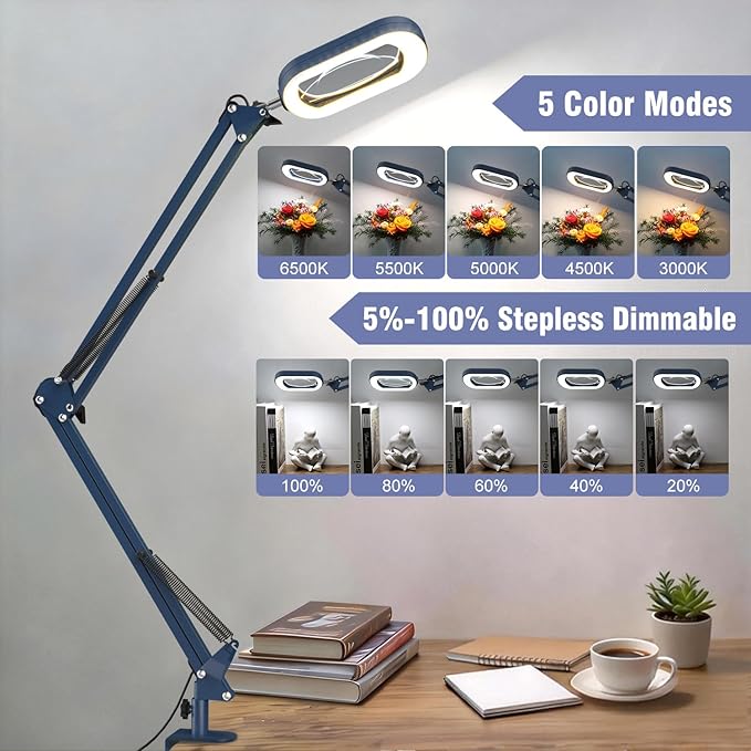10X Extra Long Magnifying Glass with Light and Clamp, Real Glass, 5 Color Modes, Stepless Dimmable, Dual 16-inch Swing Arm, Lighted Magnifier Hands Free for Close Work, Craft, Reading, Painting, Blue