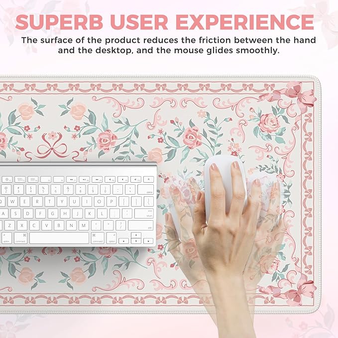 iCasso Pink Desk Mat for Desktop,Cute Desk Pad for Women,Girly Bow Mouse Pad with Stitched Edges,Non-Slip Large Computer Mat for Home Office Study Gaming