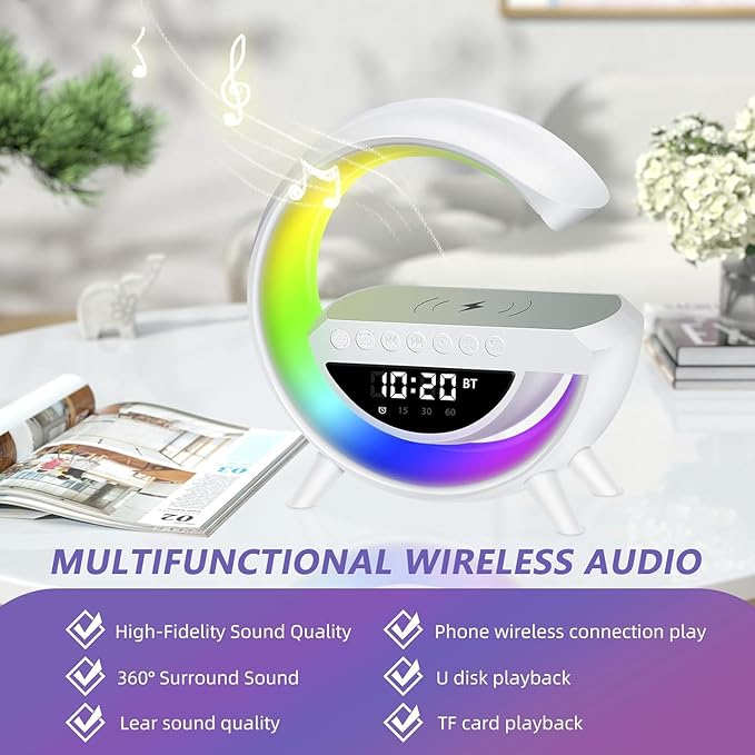 G-Type Wireless Charging Light,Wireless Charging Clock Alarm LED Desk Lamp All-in-One Machine, Suitable for Colored Environmental Lights in Bedrooms, Offices, and Homes