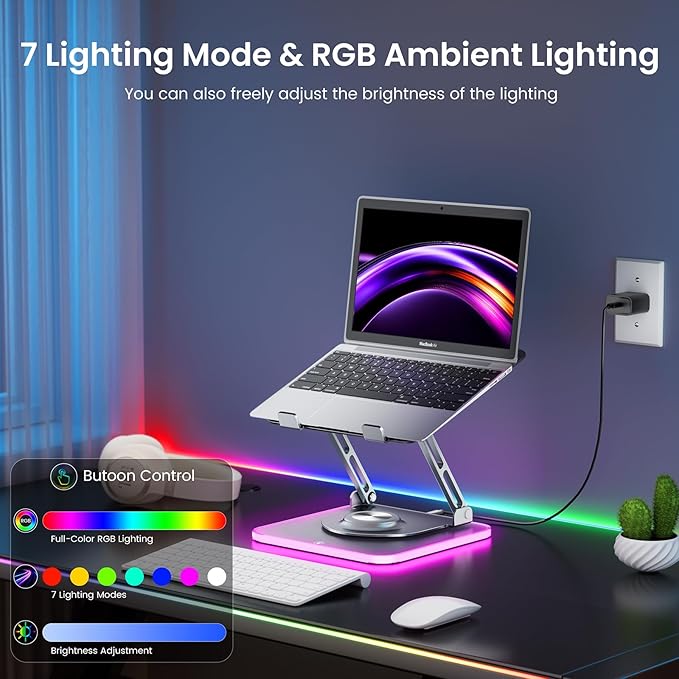 Laptop Stand for Desk, Adjustable Computer Stand with 360° Rotating Base, Ergonomic Laptop Riser for Collaborative Work, Foldable & Portable Laptop Stand, fits for All 10-16" Laptops (RGB-Gray)
