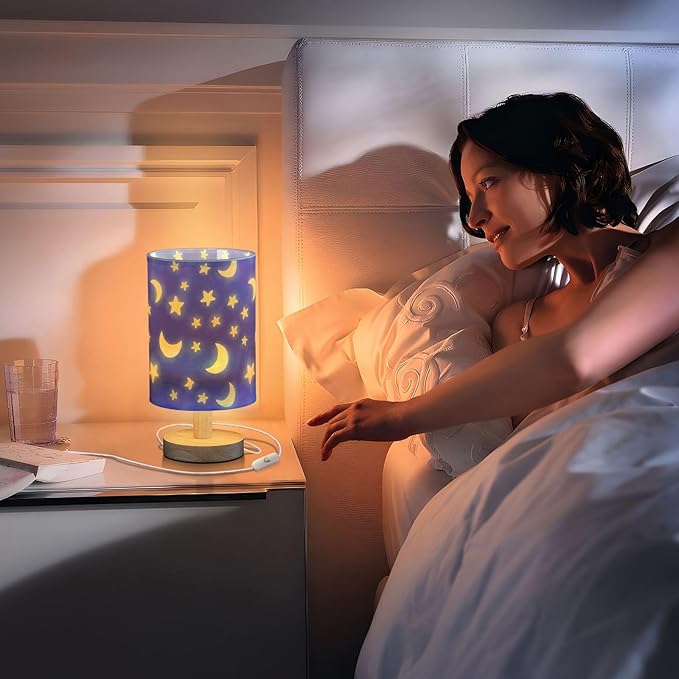 Moon LED Table Lamp, Bedside Lamp with Linen Lampshade, Flicker-Free Eye Care USB Plug in Nightstand Lamp, for Bedroom and Office