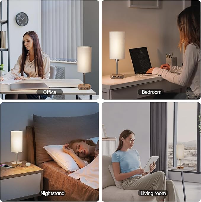 Bedside Lamp with Charging Station 74W【2 * 3.94ft Retractable Cords & 2 USB Ports】, 3 Way Dimmable Touch Lamps for Nightstand with LED Bulb, Small Desk Lamp, Set of 2, Brown Wood Grain