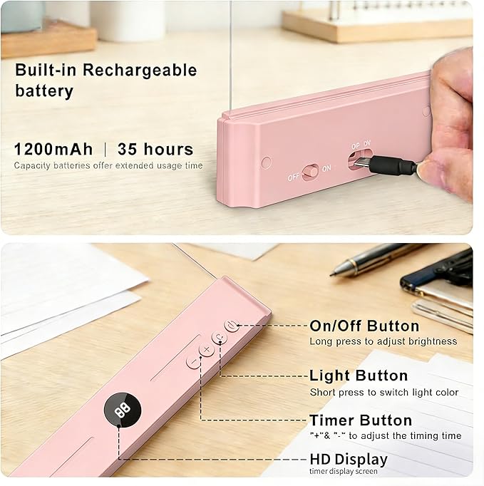 LED Book Light and Night Light 2 in 1, USB Rechargeable Clear Flat Book Light with 3 Colors & Timer, Dimmable Book Lights for Reading at Night, Scratch-Resistant, Eye-Care (Pink)