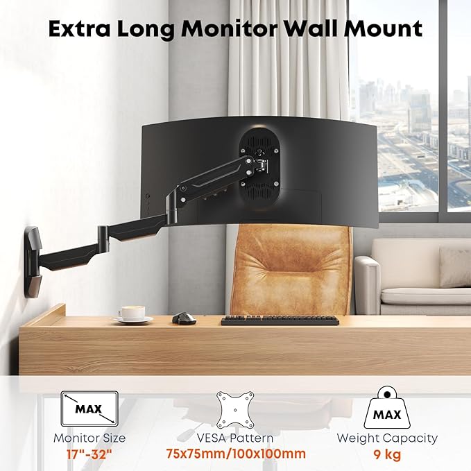 Monitor Wall Mount for 13''-32''-inch Screens - 30.28'' Extra Long Single Wall Mount Monitor Arm, Full Motion VESA Wall Bracket,75/100mm, Hold up to 19.8lbs, Black