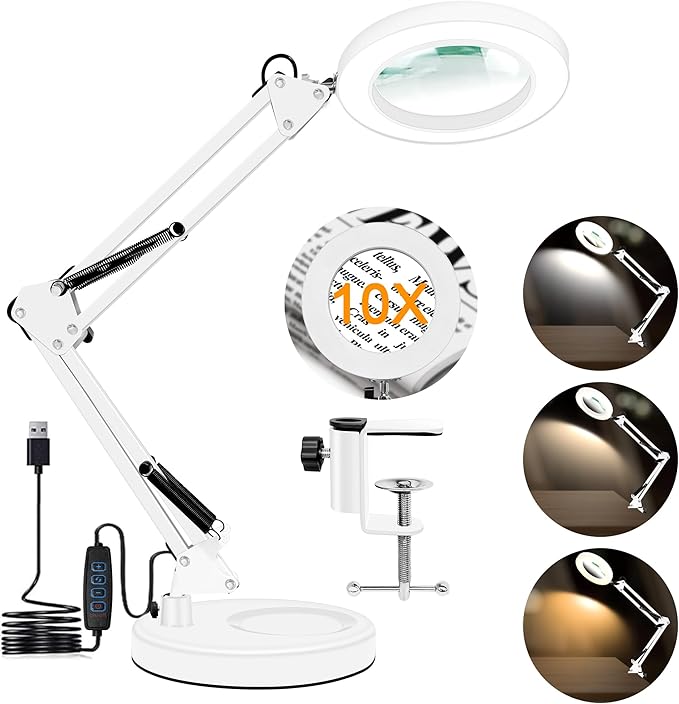 10X Magnifying Glass with Light and Stand, Magnifier with Light Hands Free, 3 Color Modes 10 Level Dimmable, Magnifying Real Glass LED Desk Lamp for Close Work, Repair, Reading, Craft, White