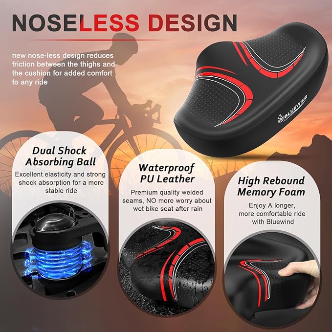 BLUEWIND New Noseless Oversized Bike Seat, Wide Bicycle Saddle Novel Backrest Design for Electric Bike, Universal Fit Exercise Bike or Road Stationary Bike Seat Cushion for Men & Women