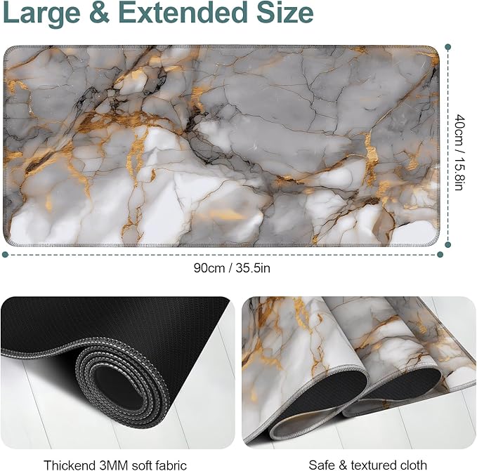 Marble Extended Gaming Mouse Pad 35.4x15.7Inch Large Desk Mat Anti-Slip Rubber Base & Durable Stitched Edges for Gamers Smooth Mouse Writing Surface for Desk Office/Home