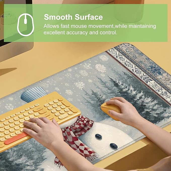 Desk Mat, XXL Extended Gaming Pad for Desktop, 35x16 Inches Winter Snowman in Snowy Forest, Large Non-Slip Vegan Leather Surface with Stitched Edges, Keyboard Mouse Mat for Home Office