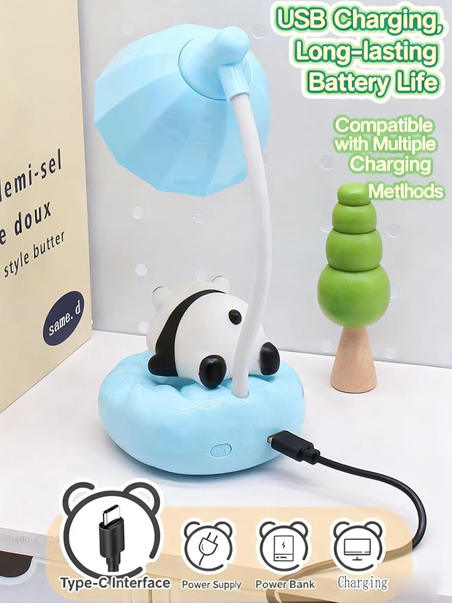 LED Desk Lamp with USB Charging Port, Gooseneck, Cute Panda Night Light for Bedroom Study Room, Boys Girls Children, Touch Control, 500 mAh, Rechargeable Lighting Decor for Boys Girls-Blue