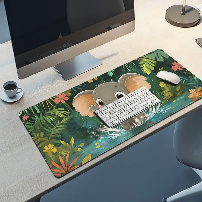 Large Ergonomic Gaming Mouse Pad Playful Baby Elephant - Fun Safari Animal Theme with Non-Slip Base Water-Resistant Surface and Stitched Edges 40x90cm