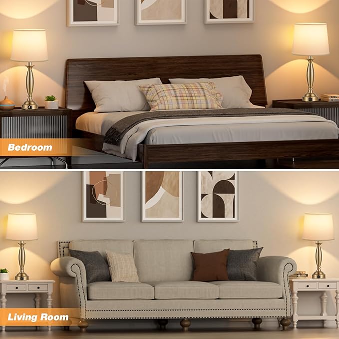 Seealle White Gold Lamps for Bedrooms Set of 2 - Touch Control Bedside Lamp with USB C+A, 3 Way Dimmable Nightstand Lamps with USB Port, Table Lamp for Living Room(White Shade and Gold Base)
