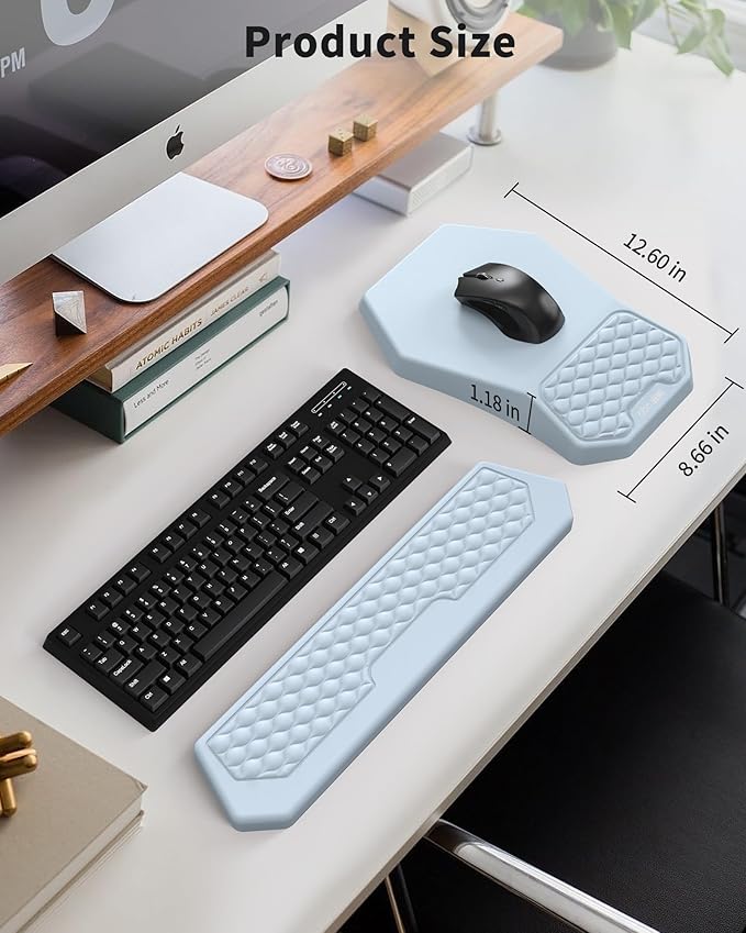 Ergonomic Mouse Pad Wrist Rest Support, Massage Design Surface for Carpal Tunnel, Memory Foam, Non-Slip PU Base for Computer Desk, Sky Blue