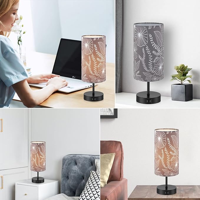 Touch Control Bedside Lamp with 2 USB Ports, 3-Way Dimmable Table lamp for Bedroom, Nightstand Lamp with Round Grey Fabric Shade for Living Room Home Office (E26 LED Bulb Included)