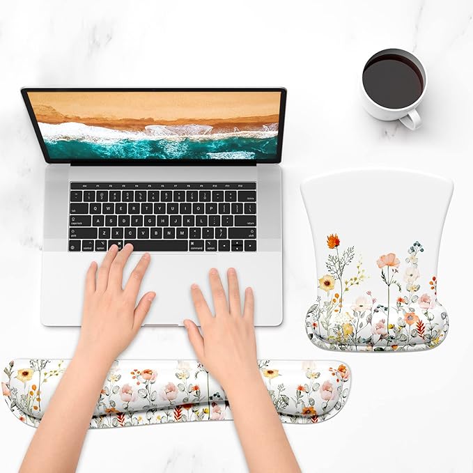 ITNRSIIET Mouse Pad Wrist Support Keyboard Wrist Rest Pad Ergonomic Mousepad Non-Slip Memory Foam Keyboard Pad Easy Typing Pain Relief Perfect for PC Laptop Gaming Office, Wildflowers