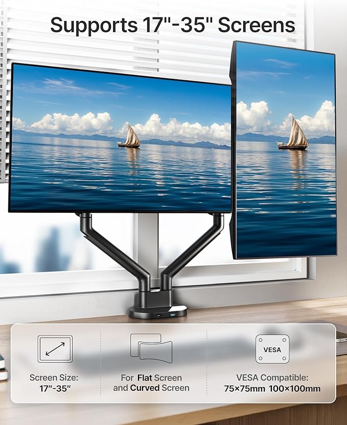 monTEK Dual Monitor Stand Mount with USB Up to 35" Screens, Each Arm Holds Max 24.3 lbs, Full Motion Adjustable Monitor Arm Desk Mount with C-Clamp/Grommet,VESA 75/100mm