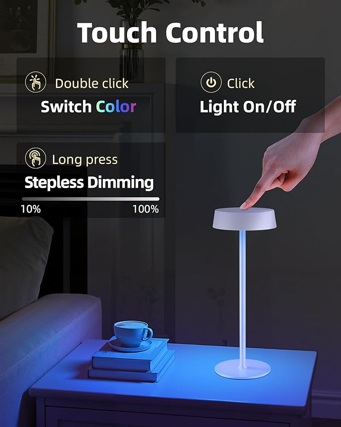 Cordless Lamp, RGB, Outdoor Waterproof, Dimmable Touch Control 3 Color Temperature, Battery Operated Portable, LED Memory Function, Rechargeable Table Lamp, Patio Dinning Restaurant Kitchen 1P White