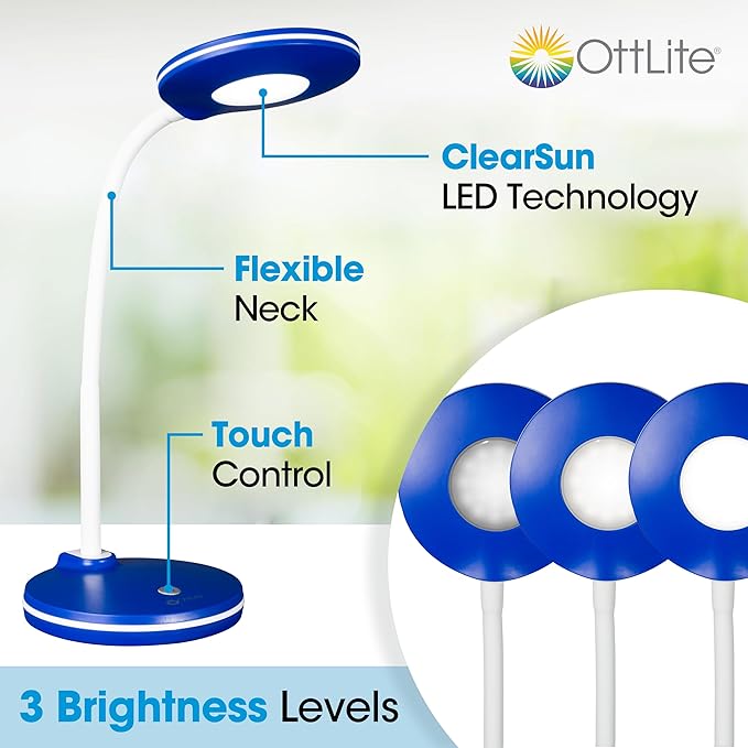 OttLite Study LED Desk Lamp – Touch Activated Controls, 3 Brightness Settings, ClearSun LED, Adjustable Neck, Modern Design for Work, Office, or Learning