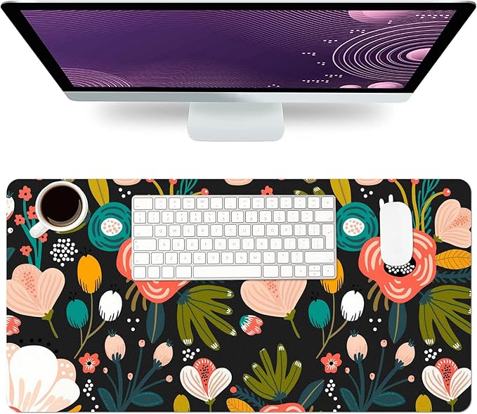 Desk Mat Large Protector Pad 23.6" ×11.8", Non-Slip PU Leather Desk Blotter, Waterproof Mouse Pad for Office Home Black Floral