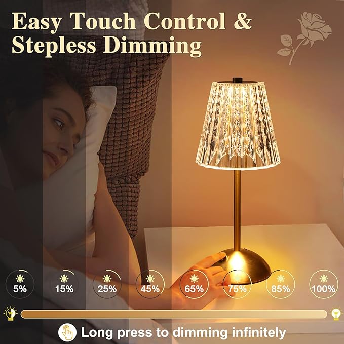 Cordless lamp,Dimmable Crystal Table Lamp 3 Colors LED Gold Lamp,Touch Lamp Diamond Crystal Lamp, Rechargeable Small Lamp, Wireless Lamp Vintage Lamp for Bedroom Living Room Bathroom Hotel Bar