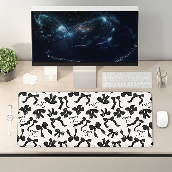 Coquette Black Bow Large Mouse Pad 31.5x15.7inch, Trendy Preppy Black White Bow Large Extended Computer Desk Mat Mousepad for Keyboard and Mouse, Girly Desk Accessories