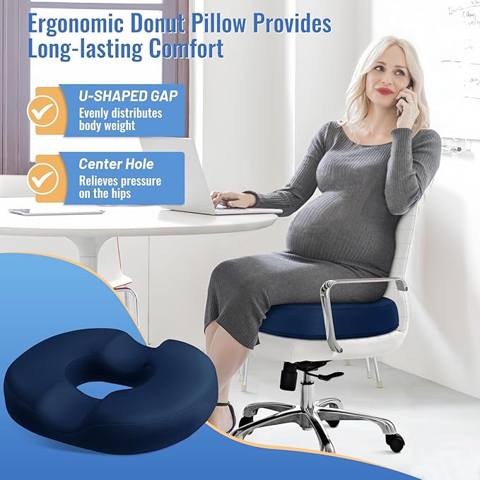 CloudBliss Donut Pillow Seat Cushion for Coccyx & Tailbone Support, Memory Foam Seat Chair Cushion for Postpartum Pregnancy, Seat Cushions for Men and Women for Home & Office, (Blue-XL)