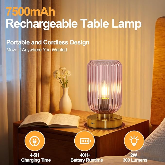 LigthRound Touch Table Lamp for Bedroom, Cordless Bedside Small Table Lamp, Dimmable Rechargeable Battery Operated Lamp for Nightstand, Bedside, Living Room, Desk, LED Bulb Included