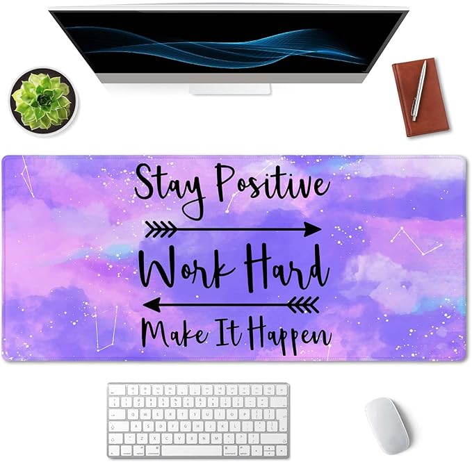 SSOIU Large Mouse Pad, Full Desk XXL Extended Gaming Mouse Pad 35.5" X 15.7", Stay Positive Work Hard and Make It Happen Inspirational Quotes Mousepad Art Pink Purple Starry Sky Black Quote Desk Mat