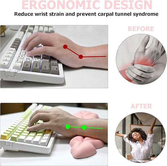 Ergonomic Keyboard Wrist Rest, Leaf Shape PU Leather Memory Foam Wrist Support for Computer Keyboard, Keyboard Pad and Cute Mouse Wrist Pad for Gaming,Office, Computer, Typing, Pastel Pink