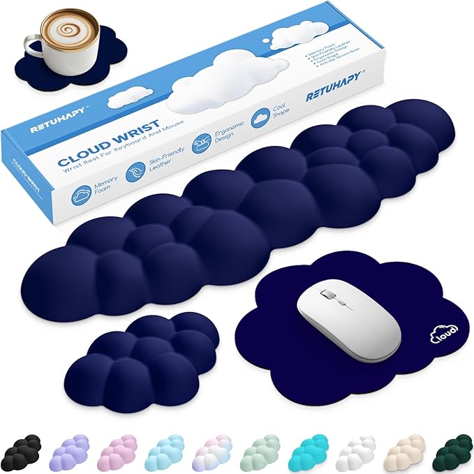 Cloud Wrist Rest Keyboard Cushion, 4-in-1 Ergonomic Cloud Keyboard Wrist Rest and Mouse Pad Set with Memory Foam Arm Support for Palm, Cute Desk Accessory for PC Gaming Setup, Dark Blue